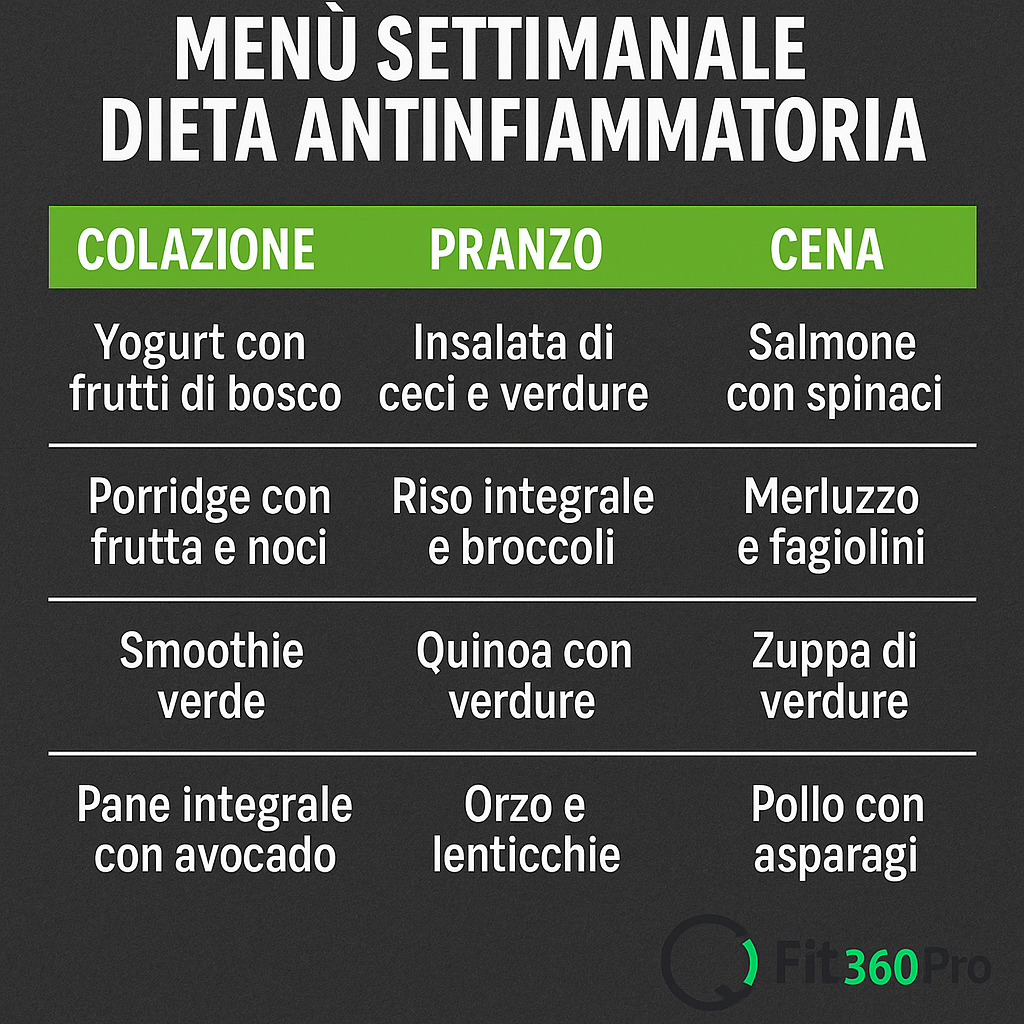 Esempio di menù settimanale in stile dieta antinfiammatoria con colazioni, pranzi e cene bilanciati – Fit360Pro