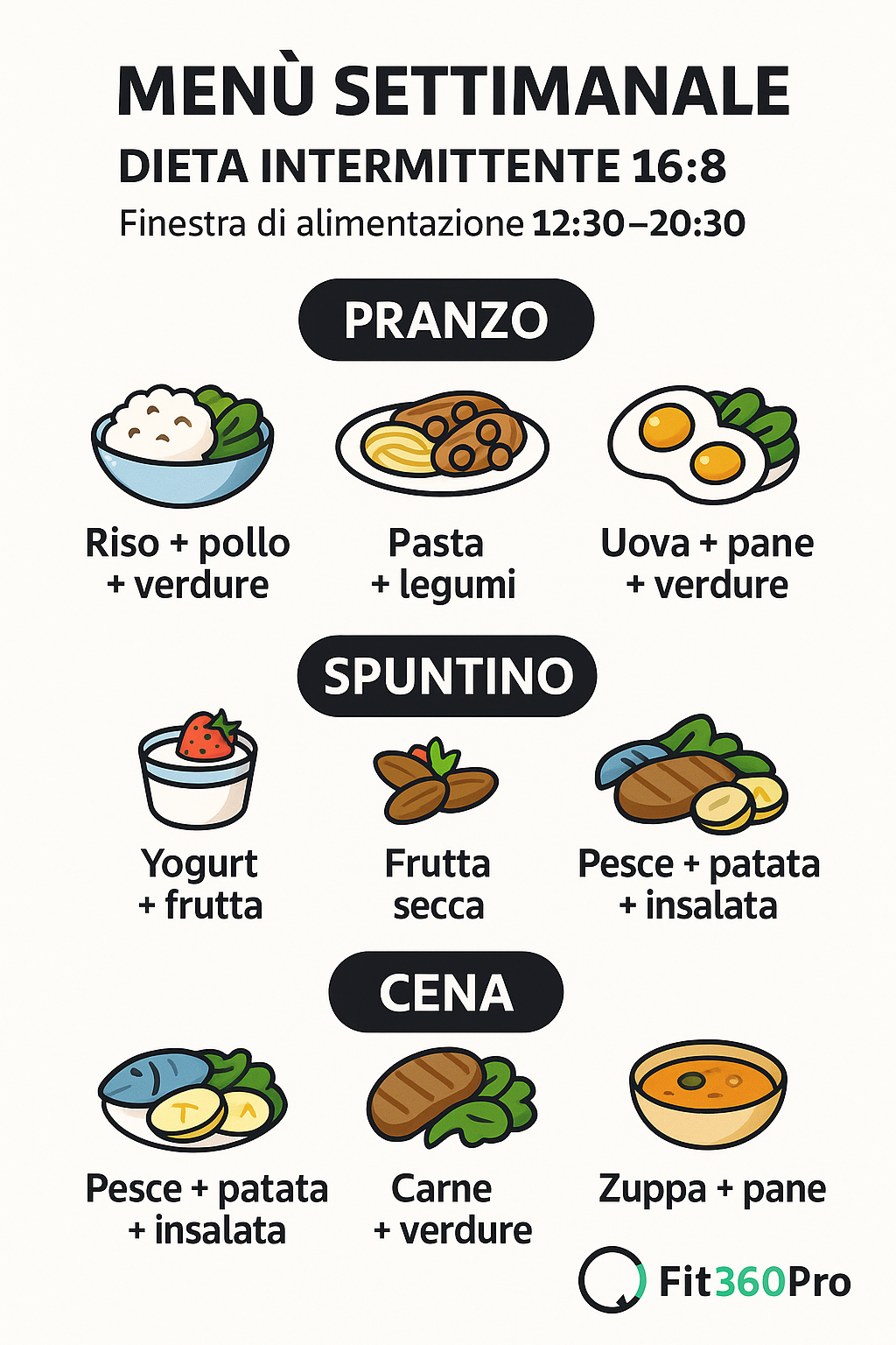 Schema di menù settimanale in dieta intermittente 16/8 con finestra di alimentazione 12:30–20:30 – Fit360Pro