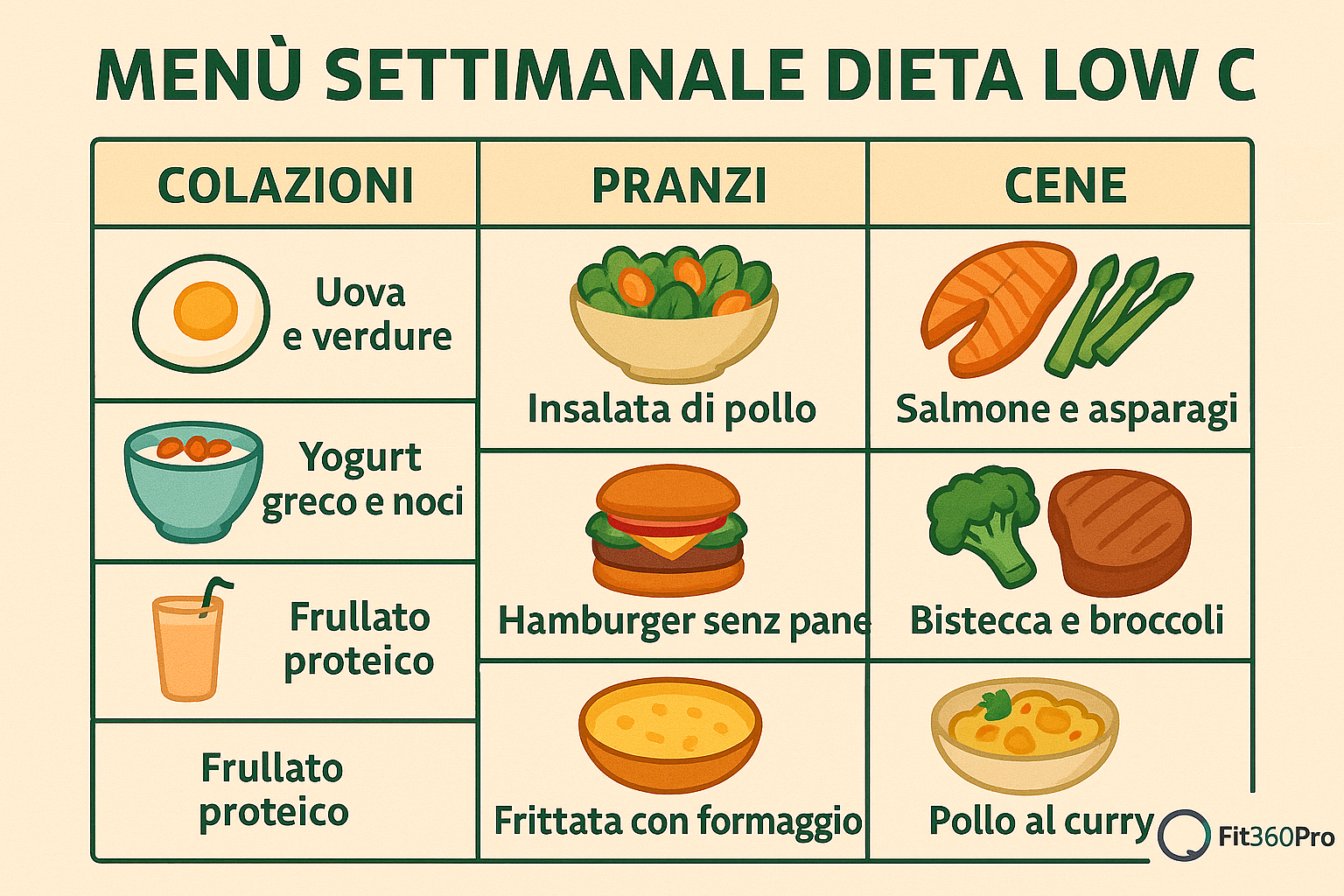 Schema grafico di menù settimanale per dieta low carb con esempio di colazioni, pranzi e cene bilanciate – Fit360Pro
