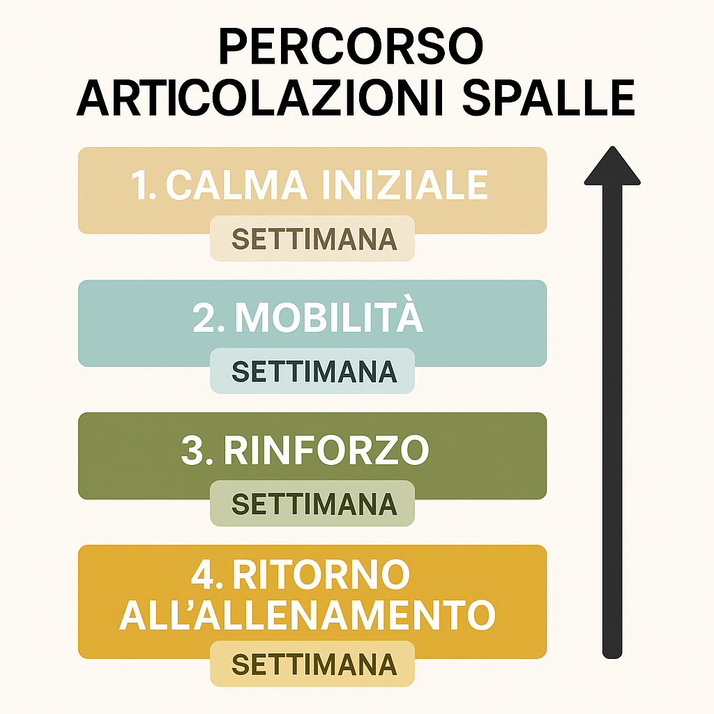 Schema in 4 fasi del percorso di recupero per articolazioni delle spalle con calma iniziale, mobilità, rinforzo e ritorno all’allenamento – Fit360Pro