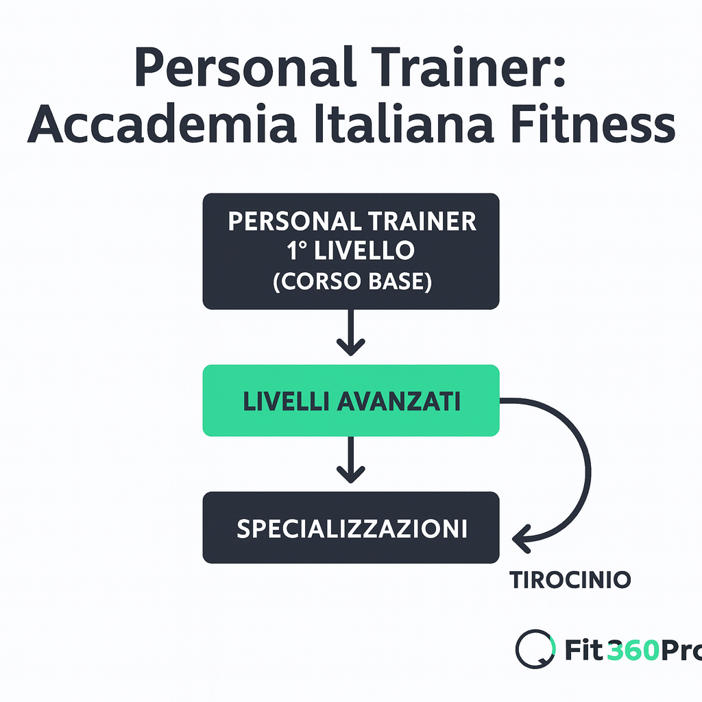 Schema del percorso per diventare personal trainer con Accademia Italiana Fitness: corso base, livelli avanzati, specializzazioni e tirocinio – Fit360Pro
