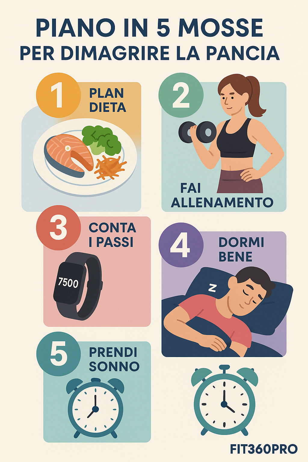 Schema in 5 mosse pratiche per iniziare a dimagrire la pancia tra dieta, allenamento e stile di vita – Fit360Pro