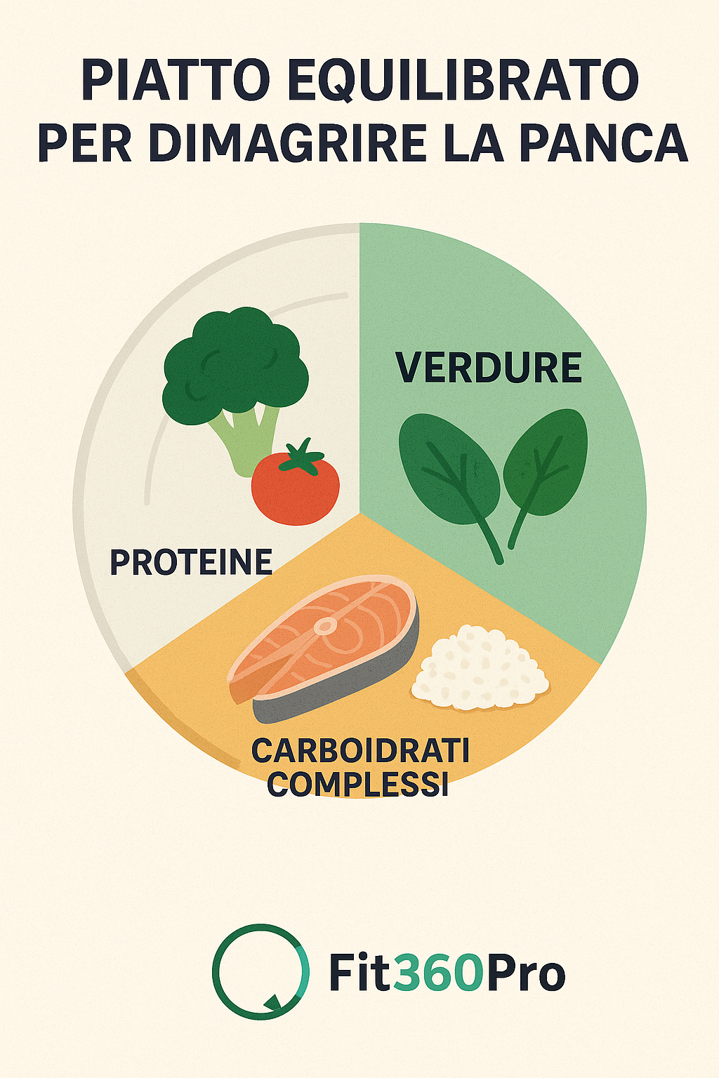 Schema di piatto equilibrato per dimagrire la pancia con proteine, carboidrati e verdure – Fit360Pro