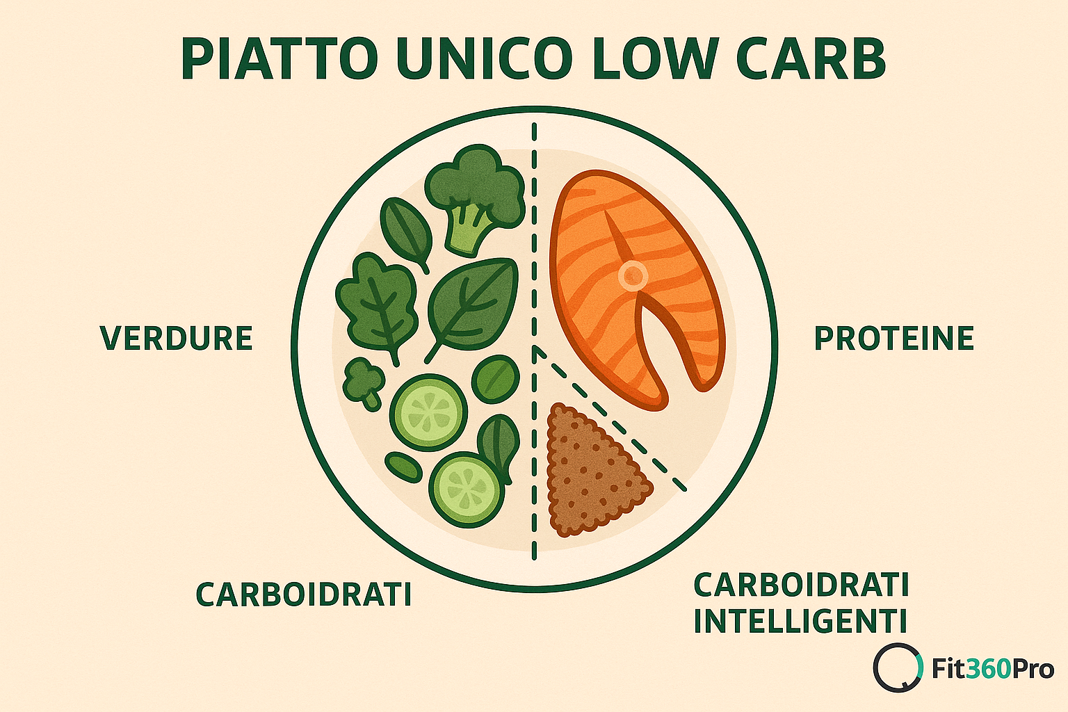 Schema grafico di un piatto unico low carb bilanciato con metà verdure, un quarto proteine e un quarto carboidrati intelligenti – Fit360Pro