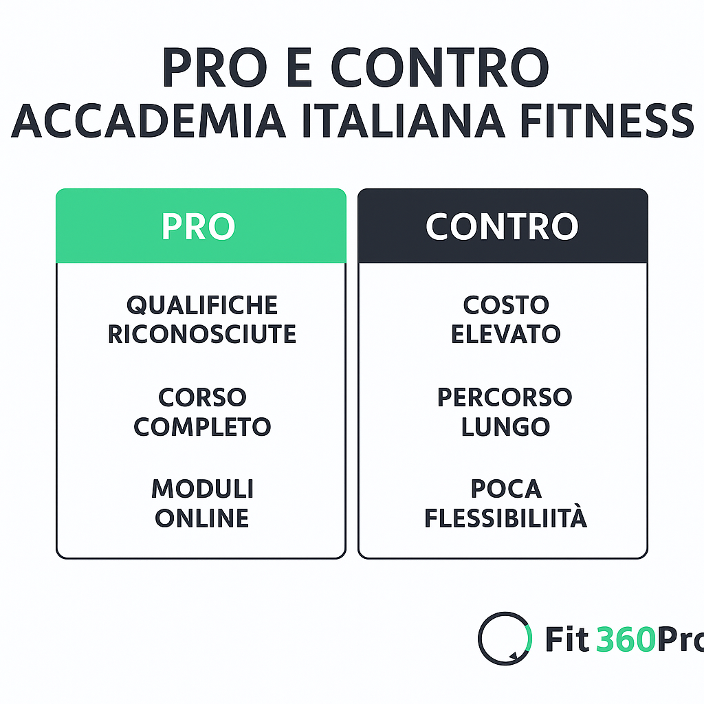 Tabella riassuntiva con pro e contro del percorso Accademia Italiana Fitness per diventare personal trainer – Fit360Pro