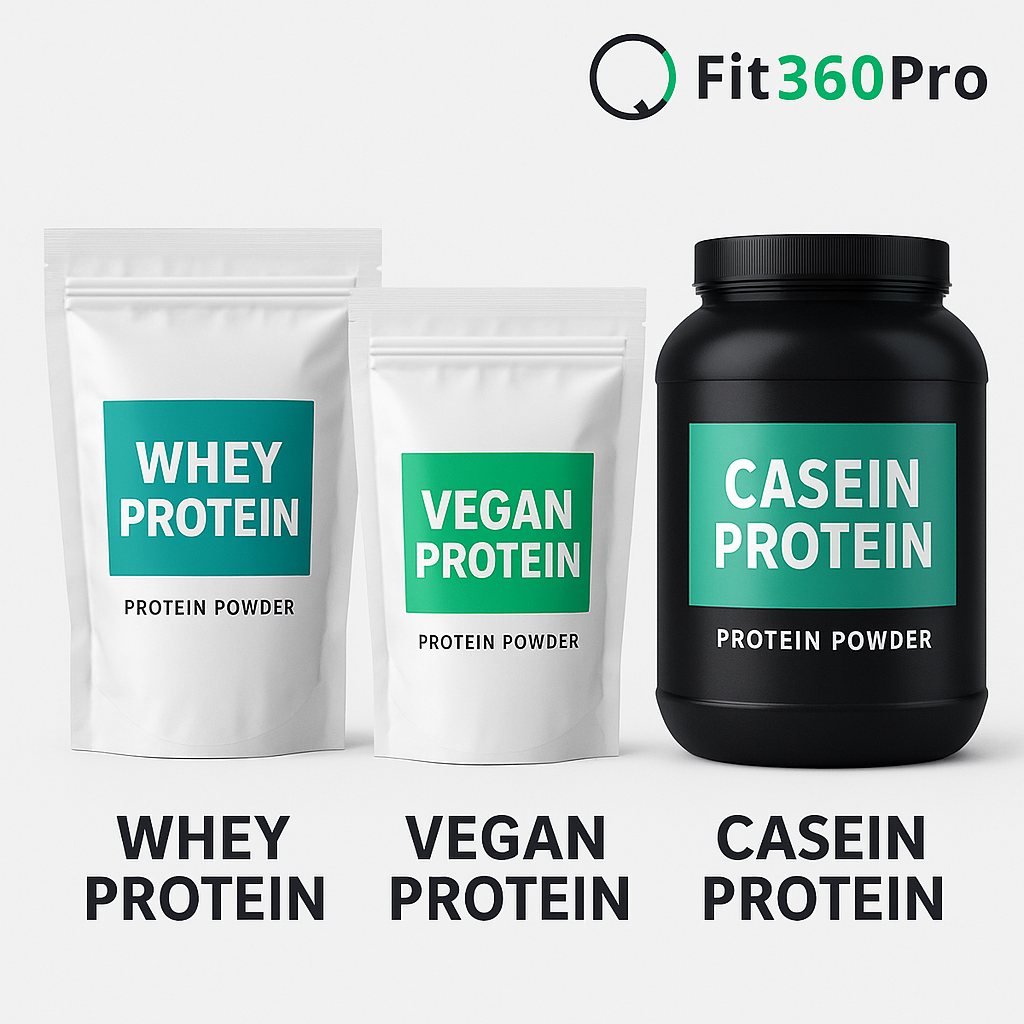Banner con tre tipi di proteine in polvere consigliate: whey, vegane e caseine – Fit360Pro