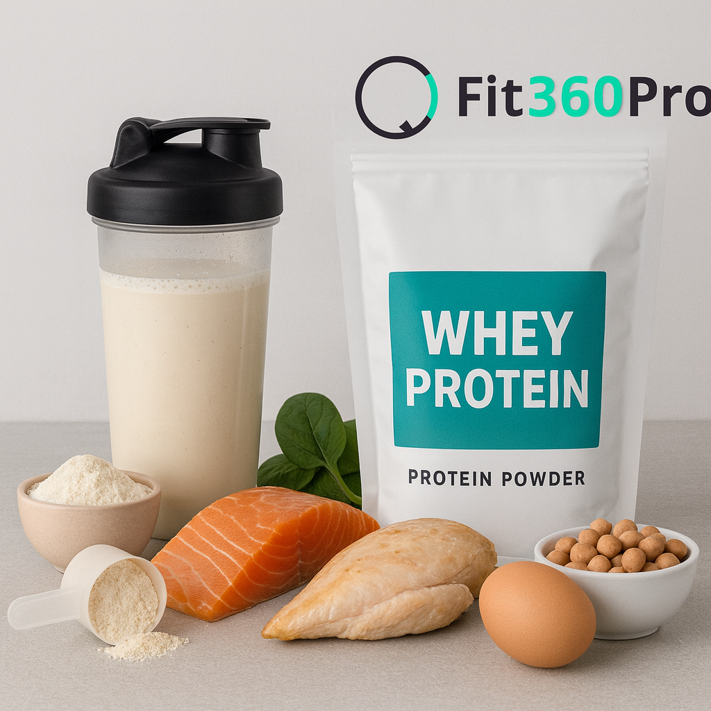 Panoramica visiva delle proteine in polvere con shaker e alimenti proteici di base – Fit360Pro