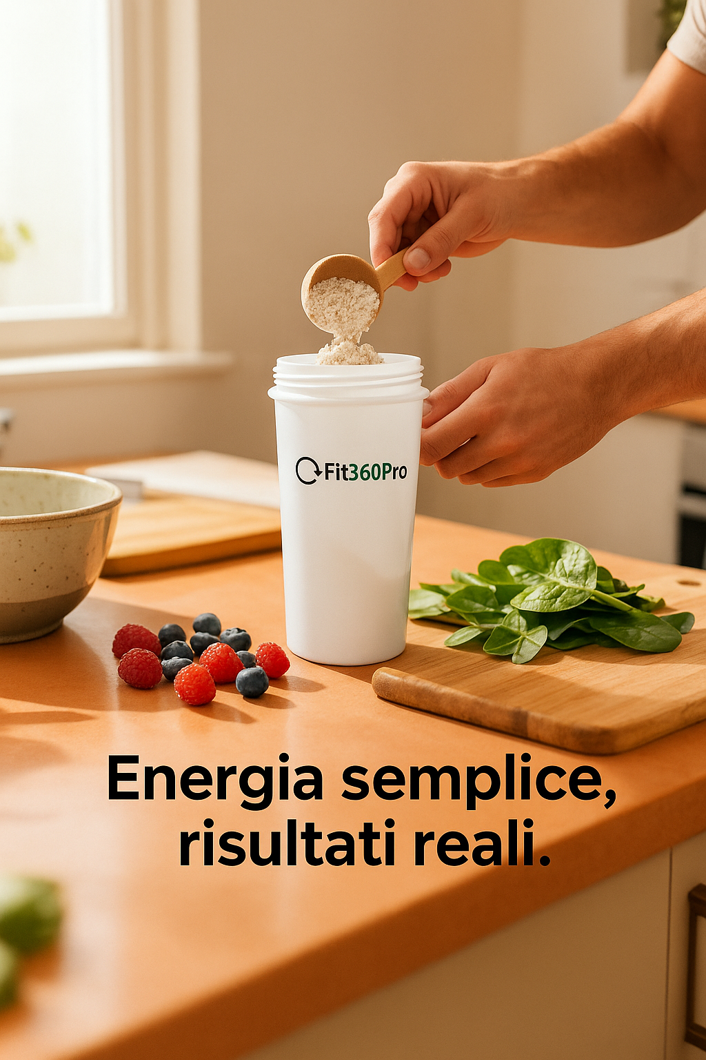 Shaker Fit360Pro con proteine in polvere e colazione proteica sul tavolo