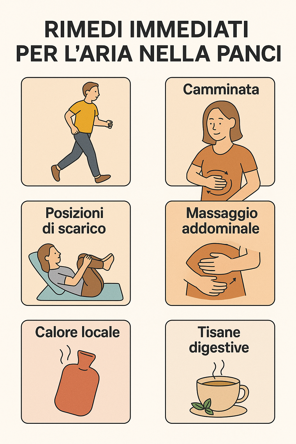 Schema dei rimedi immediati per l’aria nella pancia: camminata, posizioni di scarico, massaggio addominale, calore locale e tisane digestive – Fit360Pro