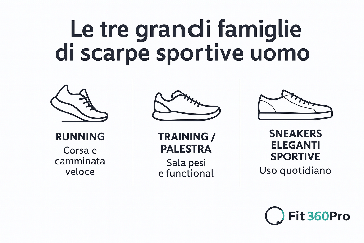 Schema delle tre principali tipologie di scarpe sportive uomo: running, training per palestra e sneakers eleganti sportive per uso quotidiano – Fit360Pro