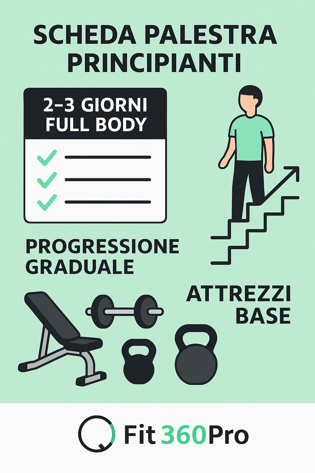 Illustrazione di una scheda palestra principianti con 2–3 giorni full body, progressione graduale e attrezzi base – Fit360Pro