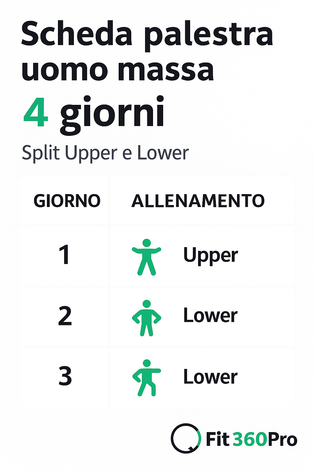 Schema grafico della scheda palestra massa uomo su 4 giorni con split Upper e Lower – Fit360Pro