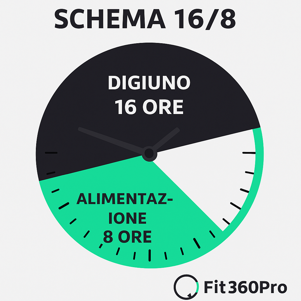 Schema grafico della dieta intermittente 16/8 con orologio che mostra 16 ore di digiuno e 8 ore di alimentazione – Fit360Pro