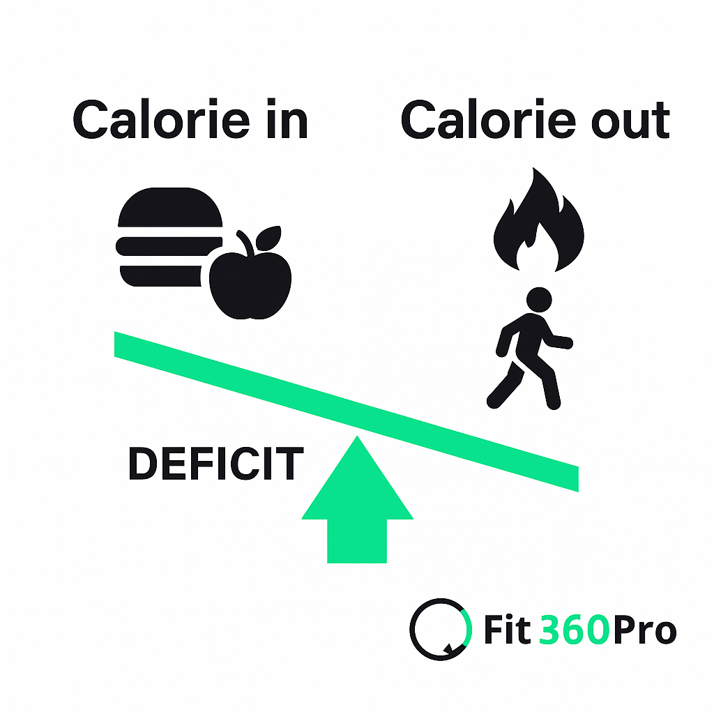Schema visivo del deficit calorico in una dieta ipocalorica con entrate e uscite di energia – Fit360Pro