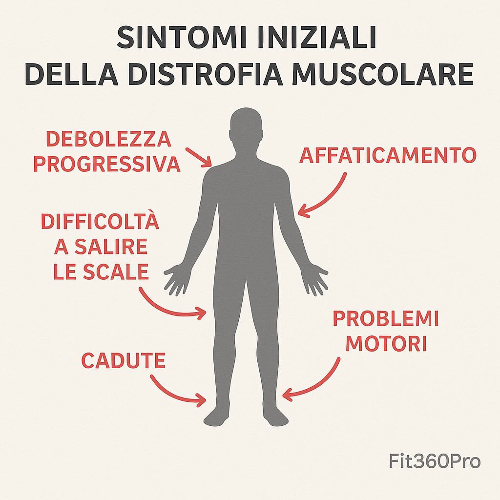 Schema dei principali sintomi iniziali della distrofia muscolare in bambini e adulti: debolezza progressiva, difficoltà a salire le scale, cadute, affaticamento e problemi motori – Fit360Pro