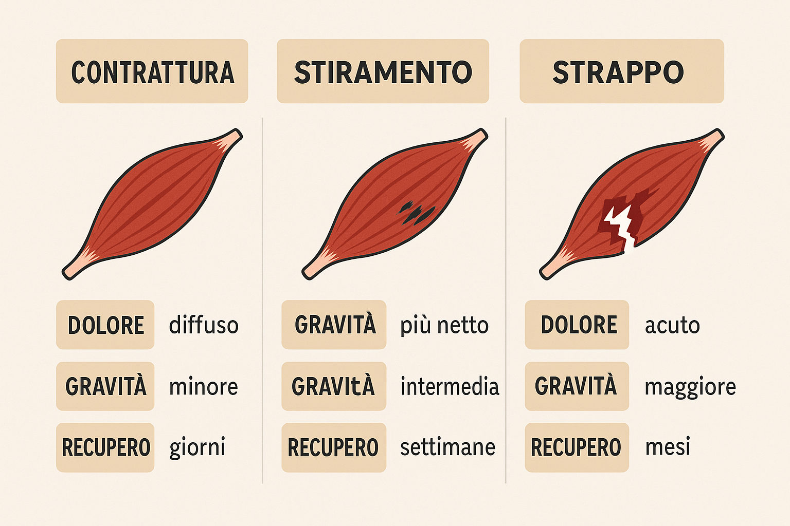 Schema comparativo tra contrattura, stiramento e strappo muscolare con differenze di dolore, gravità e tempi di recupero – Fit360Pro