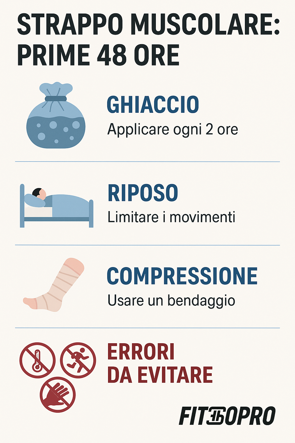 Schema delle prime 48 ore dopo uno strappo muscolare con ghiaccio, riposo, compressione ed errori da evitare – Fit360Pro