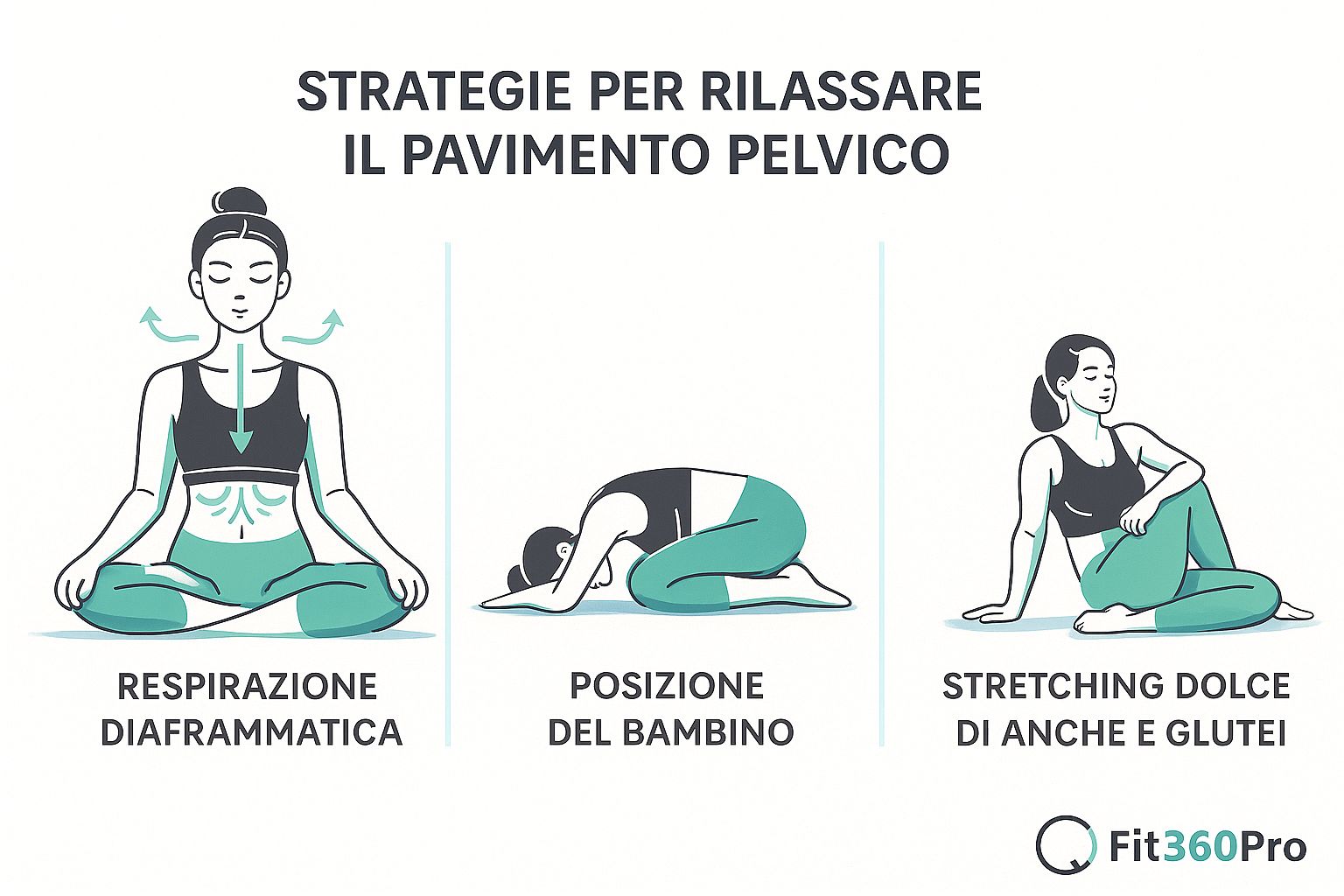 Schema con le principali strategie per rilassare il pavimento pelvico: respirazione diaframmatica, posizione del bambino e stretching dolce di anche e glutei – Fit360Pro