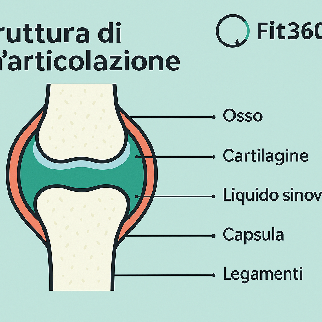 Schema illustrato della struttura di un’articolazione con ossa, cartilagine, liquido sinoviale, capsula e legamenti – Fit360Pro