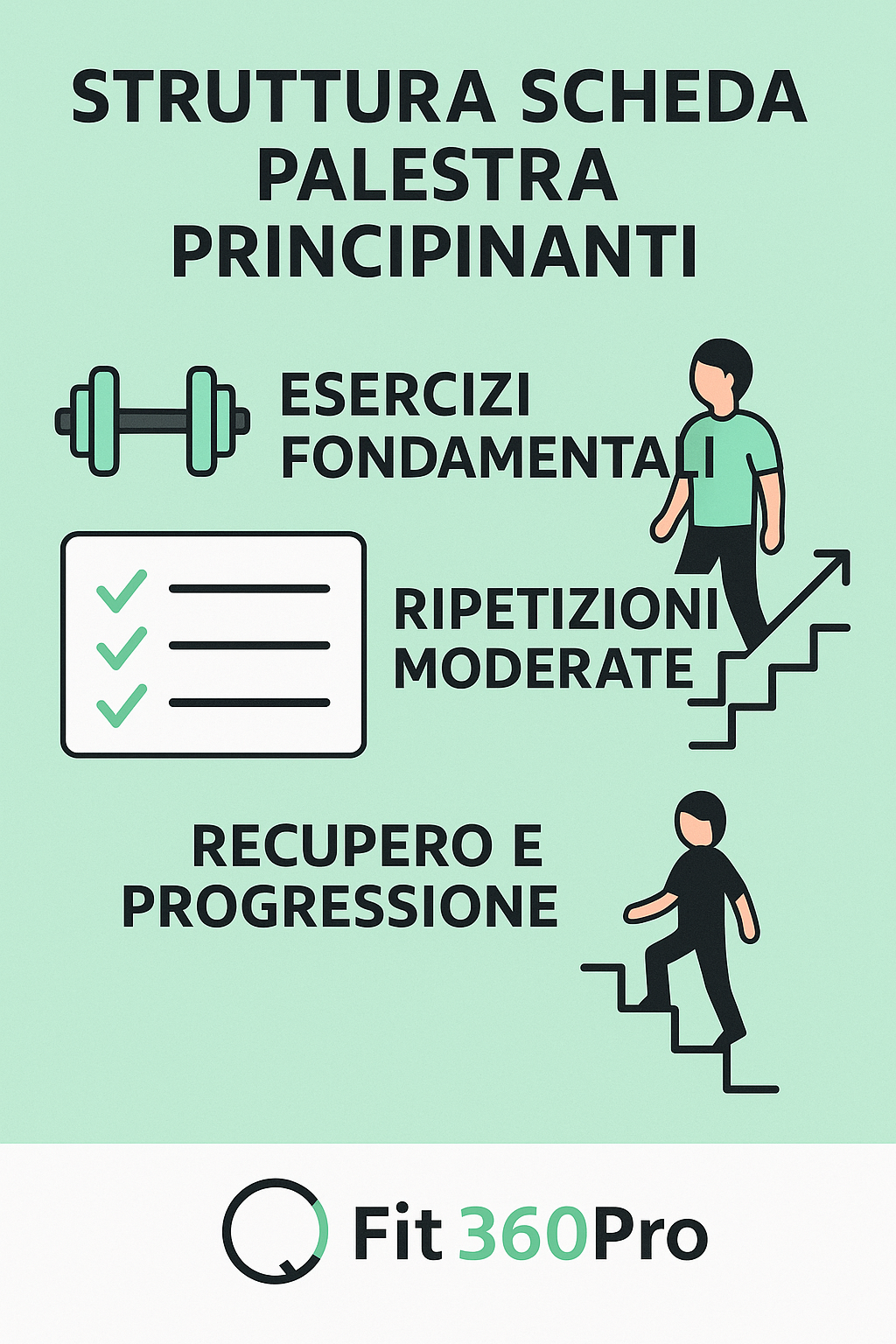 Schema della struttura di una scheda palestra principianti: esercizi fondamentali, ripetizioni moderate, recupero e progressione – Fit360Pro