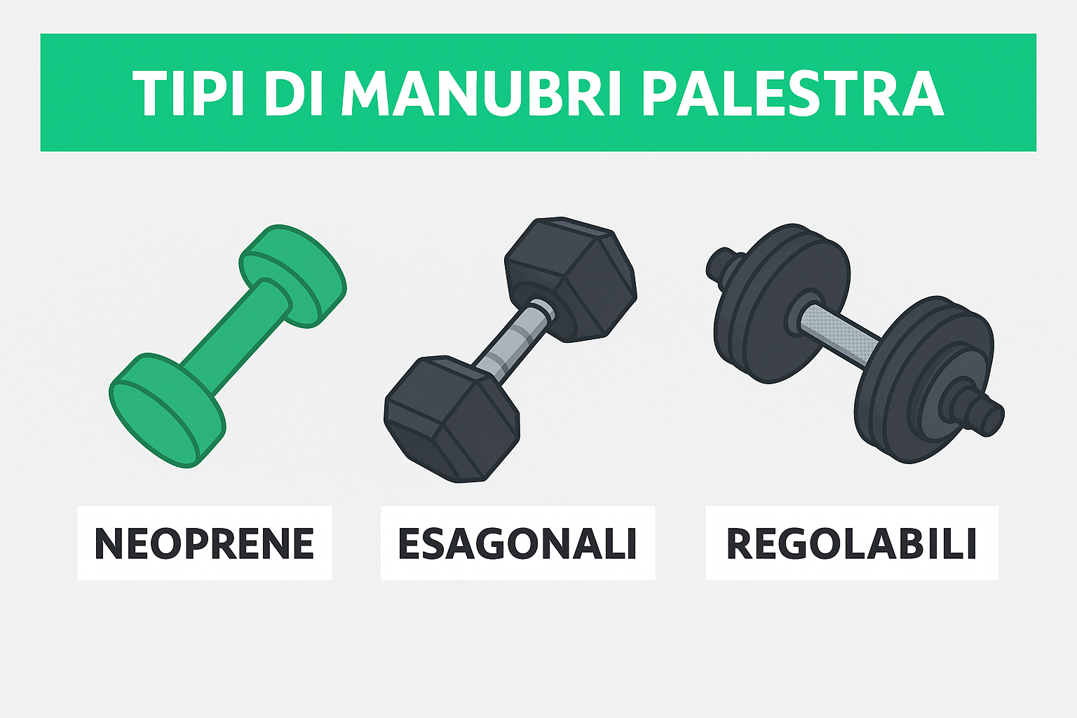 Infografica con i principali tipi di manubri palestra: neoprene, esagonali e regolabili – Fit360Pro