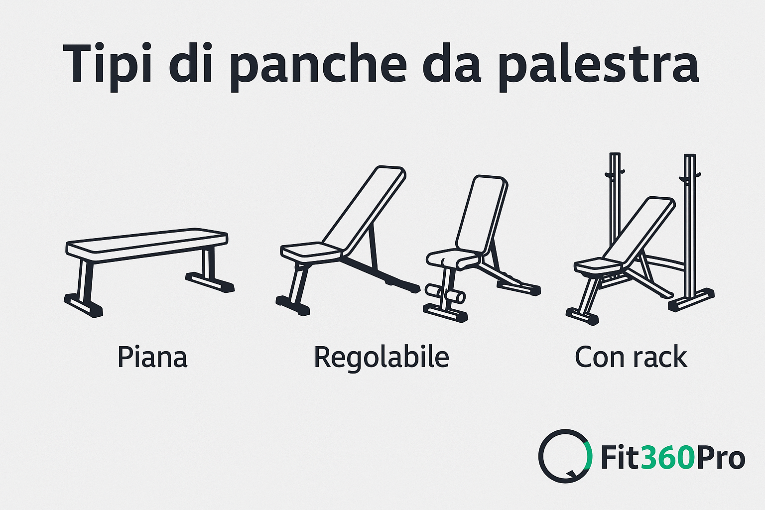 Infografica sui tipi di panche da palestra: piana, regolabile, multifunzione e con rack – Fit360Pro