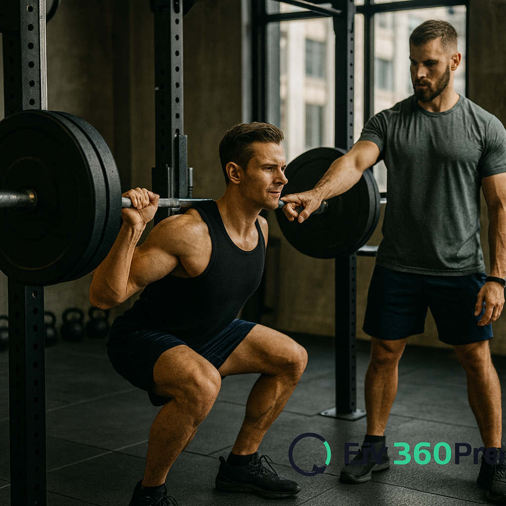 Uomo che esegue squat con bilanciere in palestra – esercizio multiarticolare base