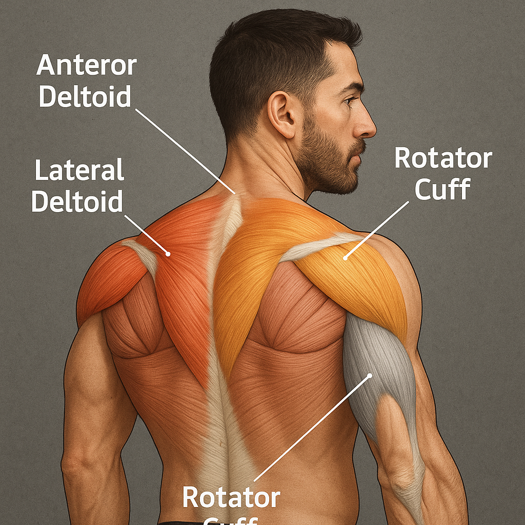 Schema dei principali muscoli delle spalle: deltoide anteriore, laterale, posteriore e cuffia dei rotatori