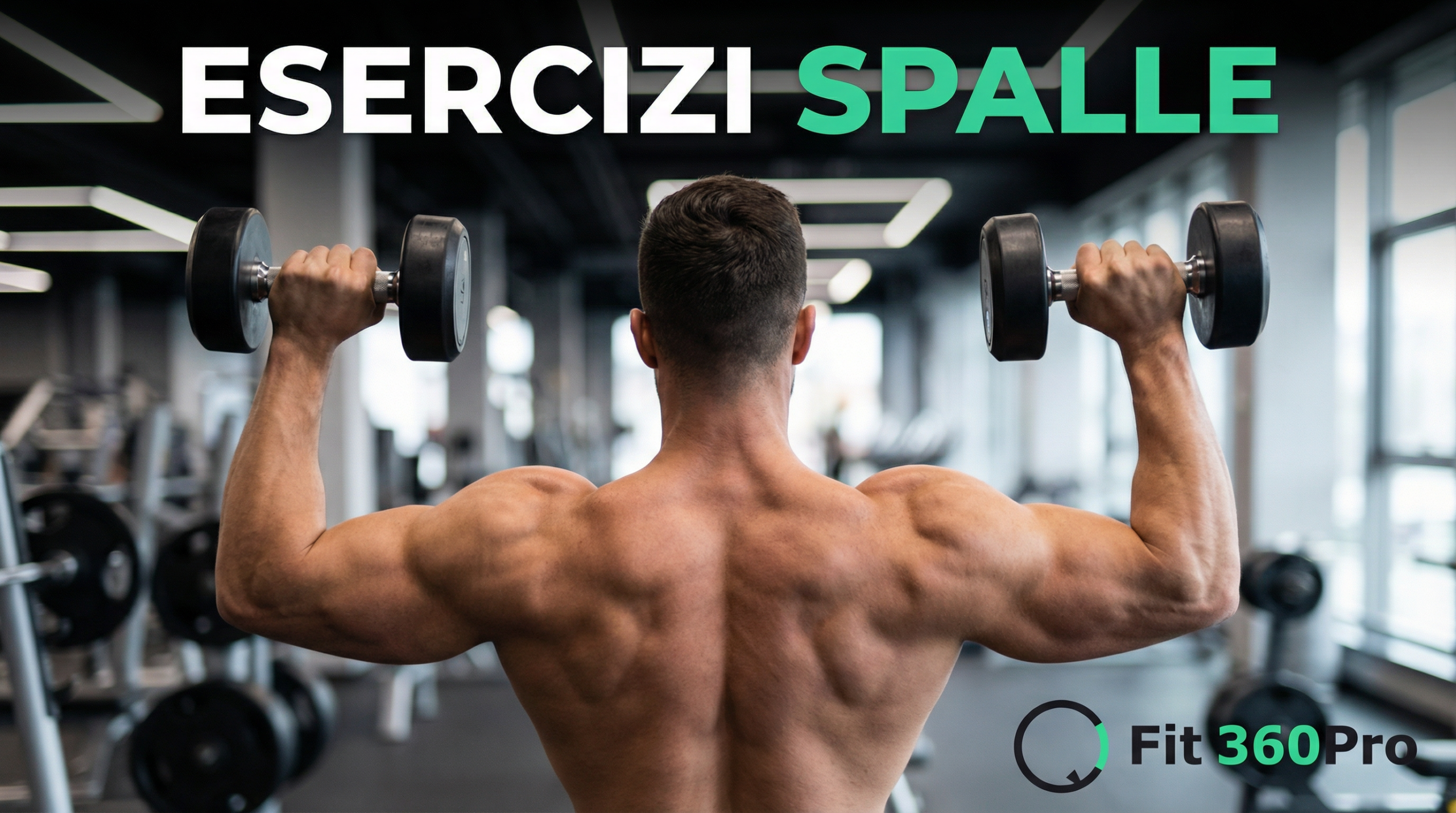 Uomo che esegue spinta con manubri sopra la testa per allenare le spalle – esercizi spalle Fit360Pro