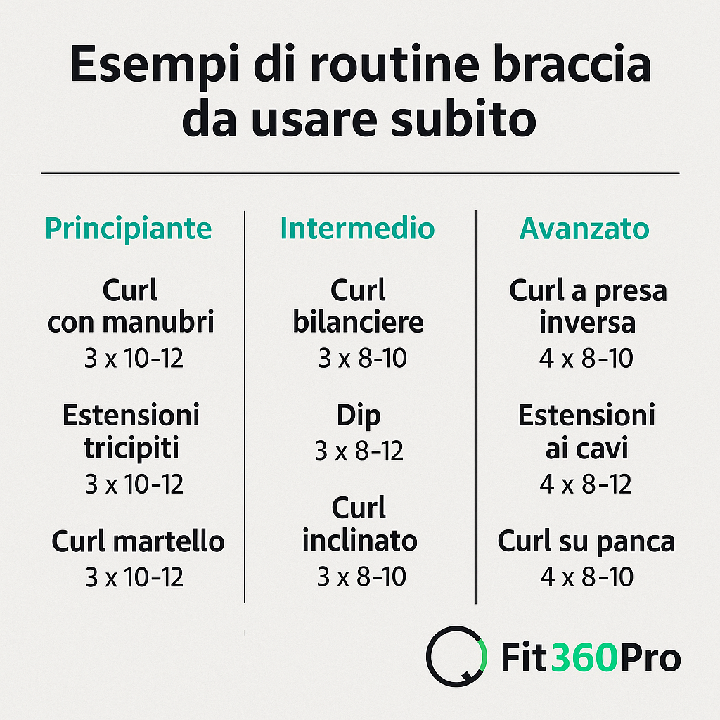 Infografica routine esercizi braccia per principianti, intermedi e allenamento a casa