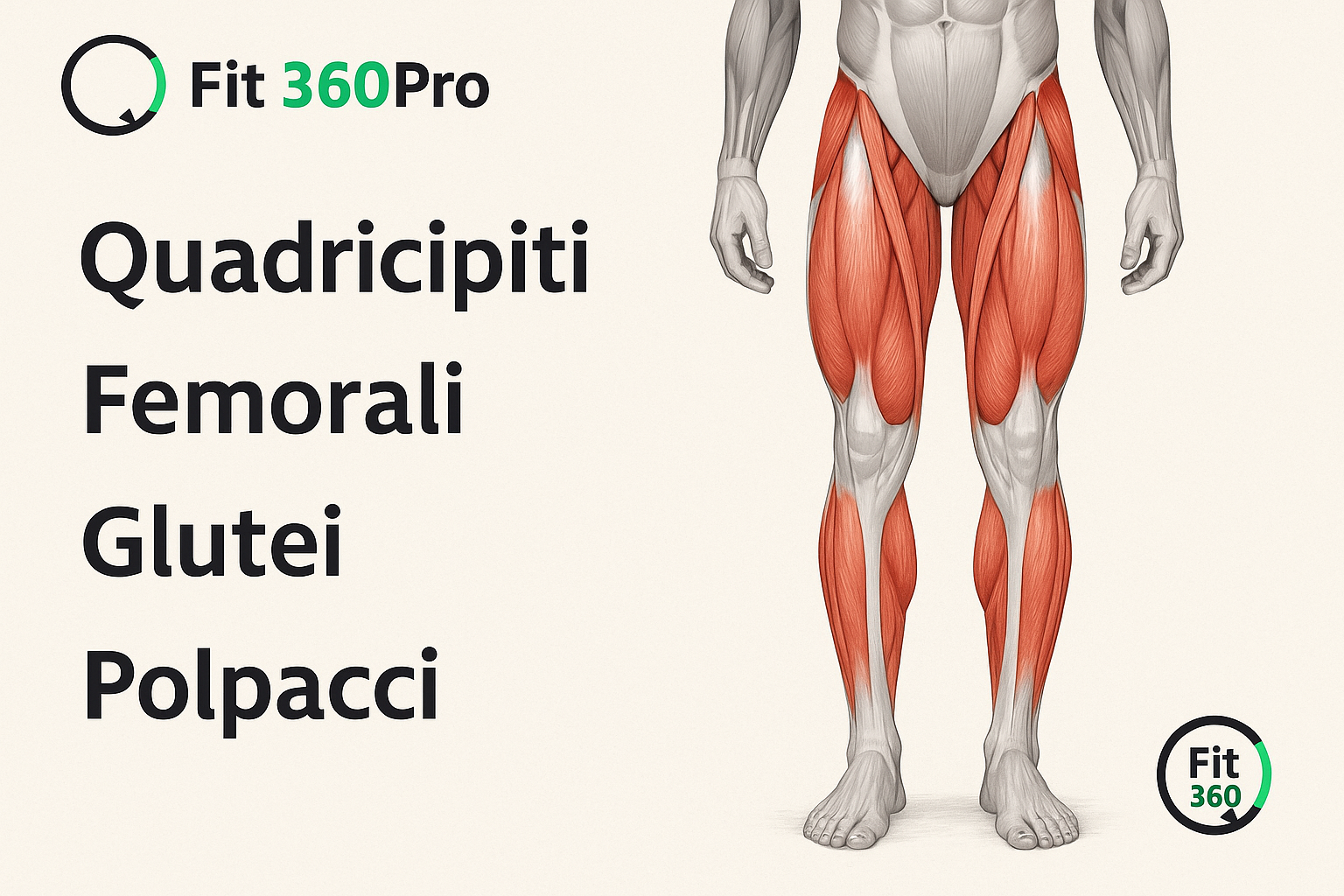 Principali muscoli delle gambe: quadricipiti, femorali, glutei e polpacci